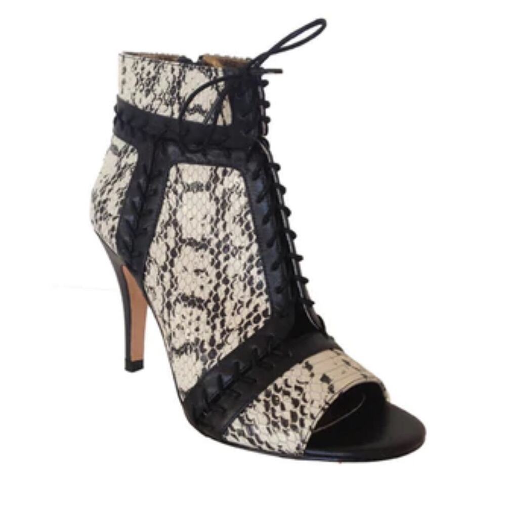 Cynthia Vincent | Magan Lace-Up Snake Embossed Leather Booties Stiletto Peep Toe